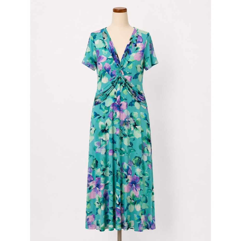 Soft Surroundings Teal Floral Faux Wrap Maxi Dress Short Sleeve Medium 2DY63